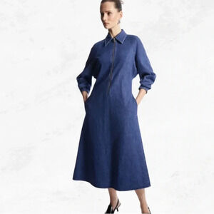 COS Women's Half-Zip Blue Denim Midi Dress Dolman Sleeves Women’s Size 6